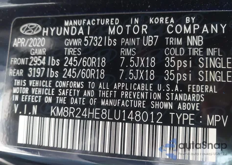 2020 Hyundai Palisade Sel из США, поврежденный, VIN KM8R24HE8LU148012